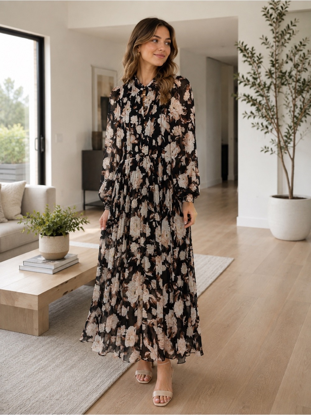 Evernew Floral Long-Sleeve Maxi Dress